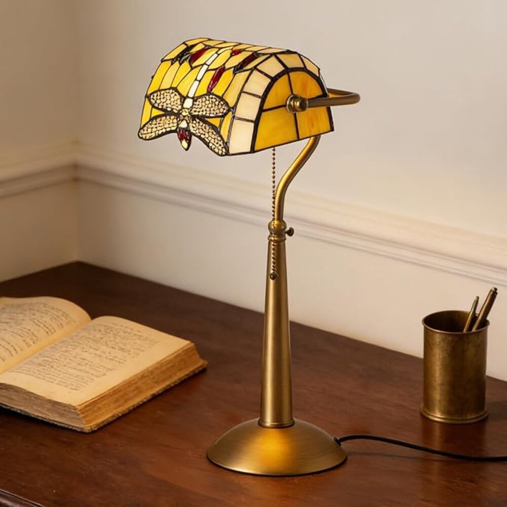 Tiffany Style Dragonfly Bankers Lamp Handcrafted Accent Décor